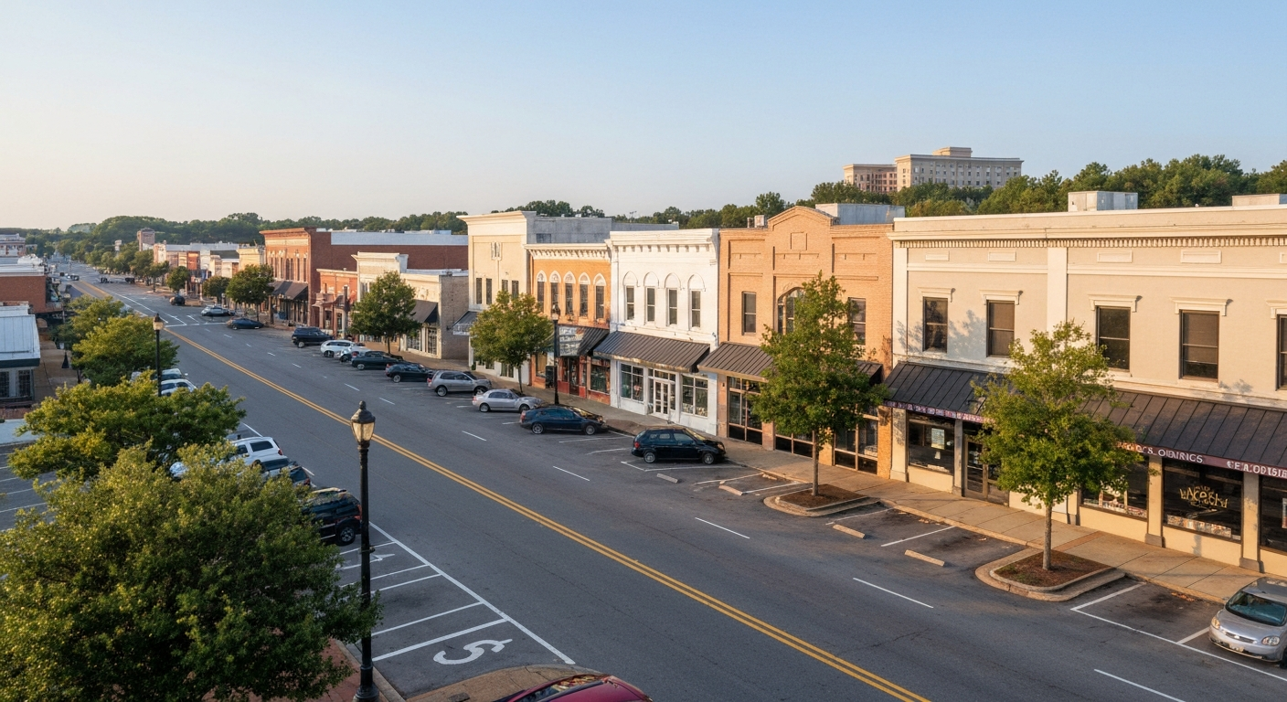 Downtown Albany Georgia commercial district with low-rise buildings and tree-lined streets