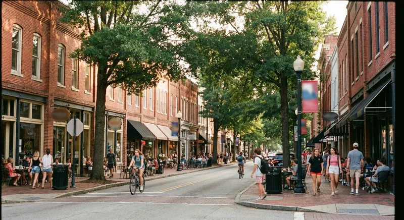 Athens Georgia downtown aerial view showing the University of Georgia campus and historic business district at golden hour