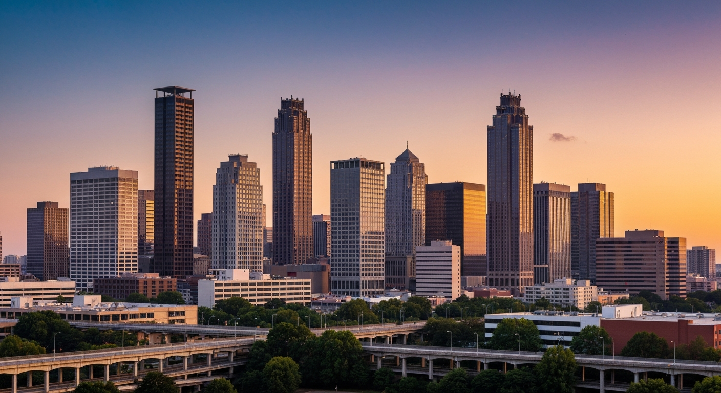 Atlanta Georgia skyline at sunset showing the metropolitan business district where Fortune 500 companies and small businesses operate