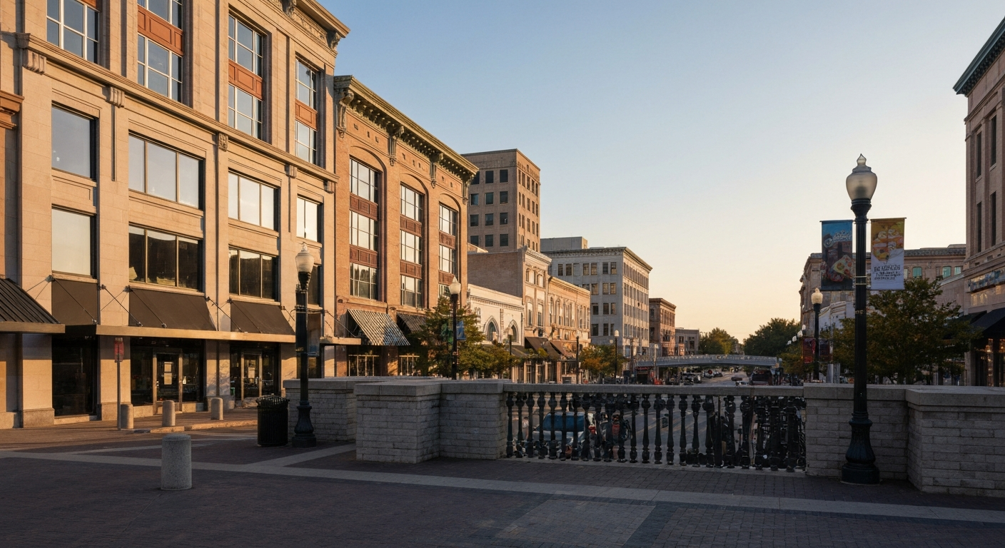 Augusta Georgia Savannah Riverwalk showing the downtown commercial district in Georgia second largest city