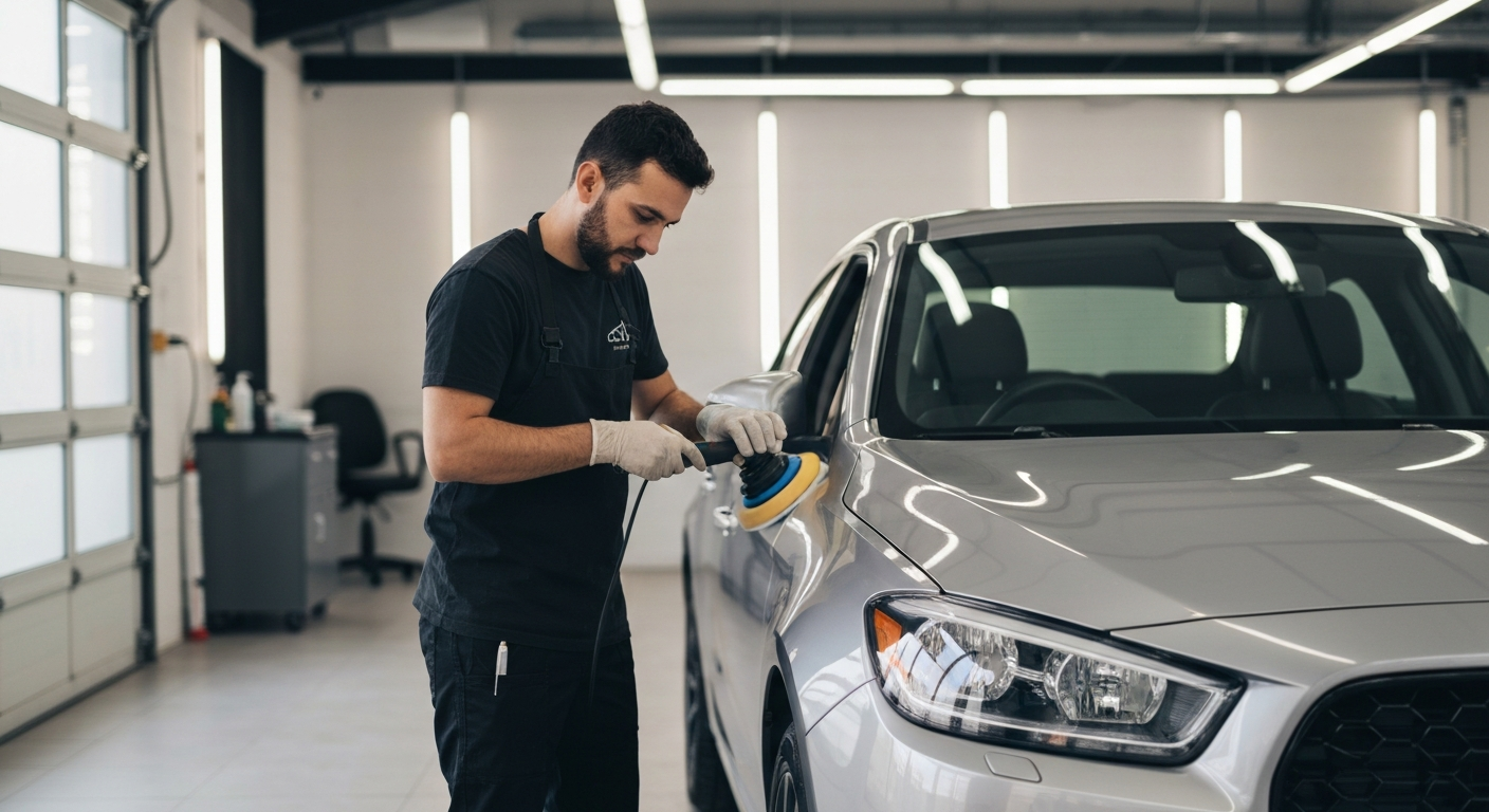 Professional auto detailer polishing a car in a clean Georgia detailing shop