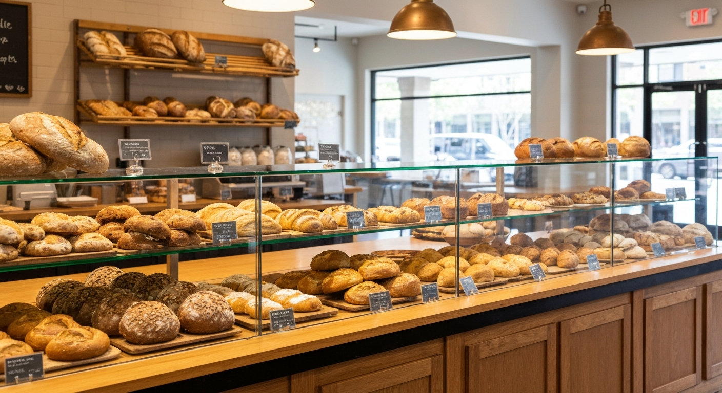 Artisan bakery display case with fresh breads and pastries in a bright Georgia storefront