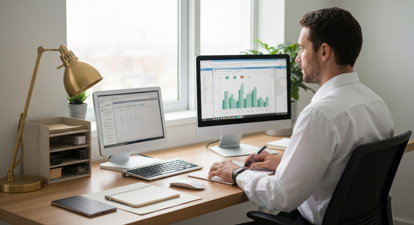 Professional bookkeeper working at an organized home office desk with financial software on screen