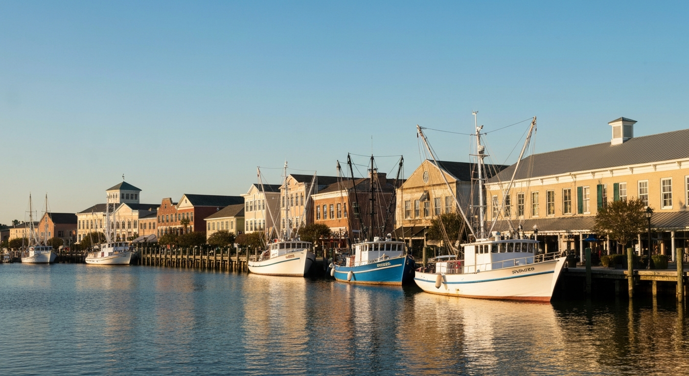 Brunswick Georgia waterfront with shrimp boats and historic downtown buildings along the harbor