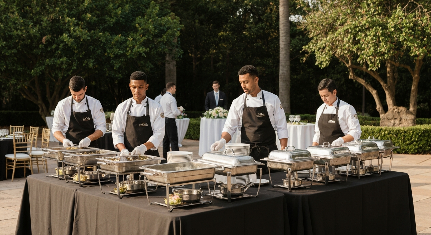 Professional catering setup at an elegant outdoor Georgia event with uniformed staff