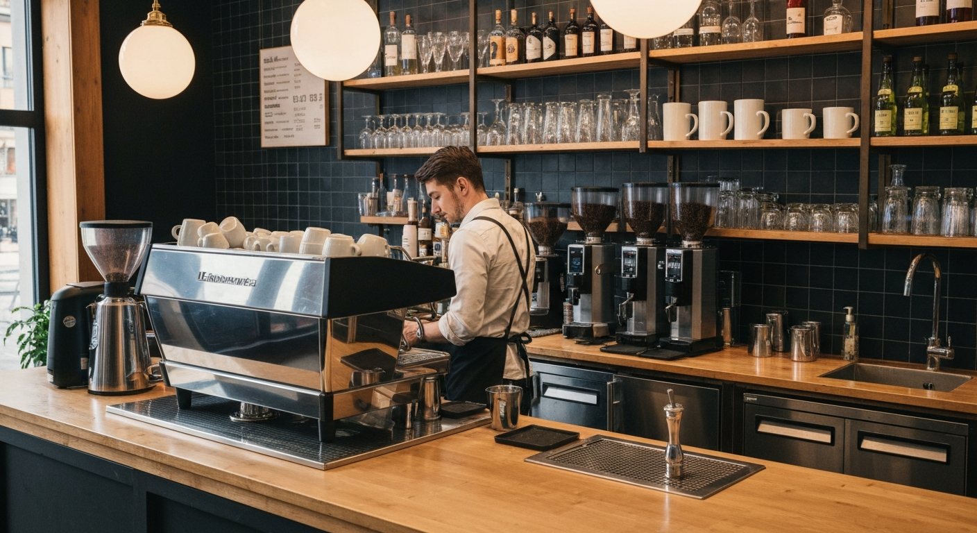 Cozy modern Georgia coffee shop interior with barista preparing a latte behind the counter