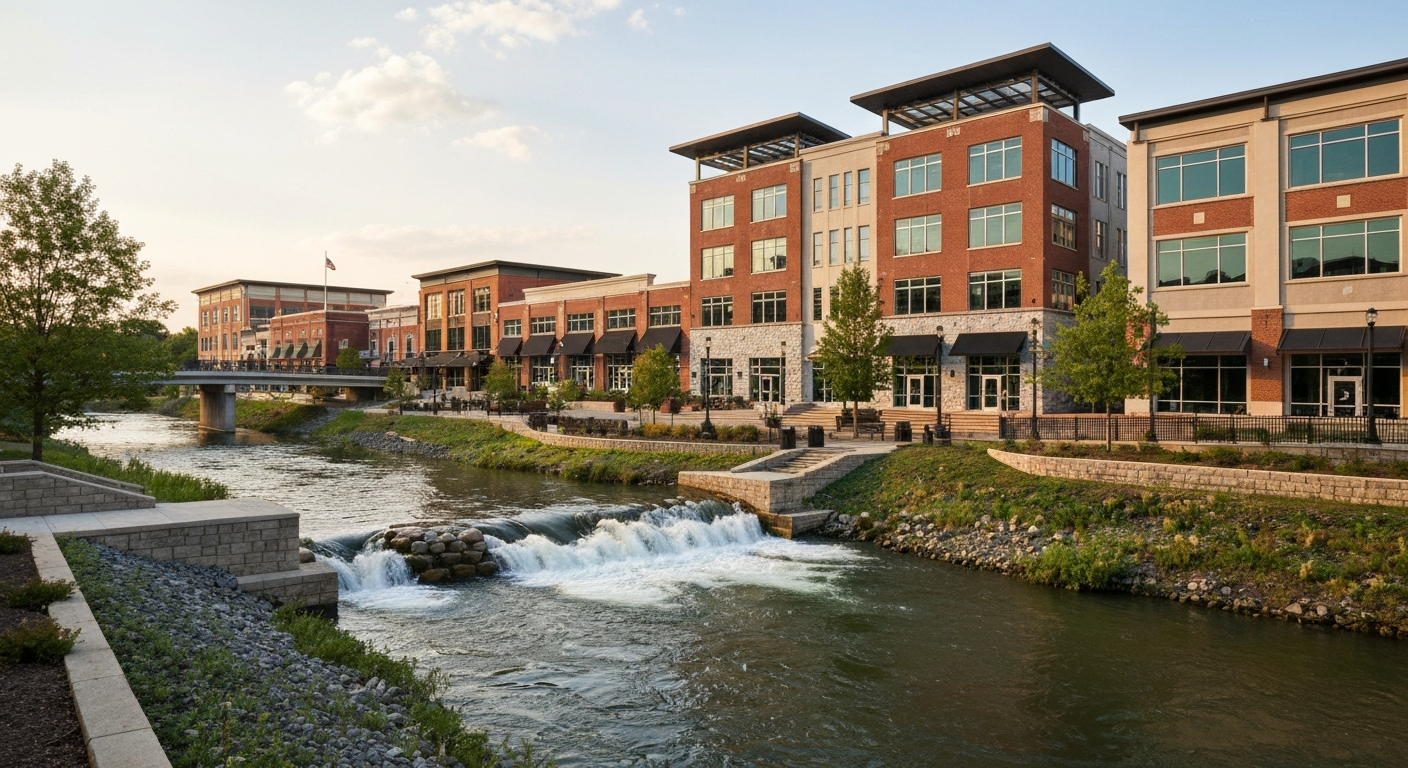 Columbus Georgia downtown Chattahoochee Riverwalk showing the whitewater course and revitalized commercial district