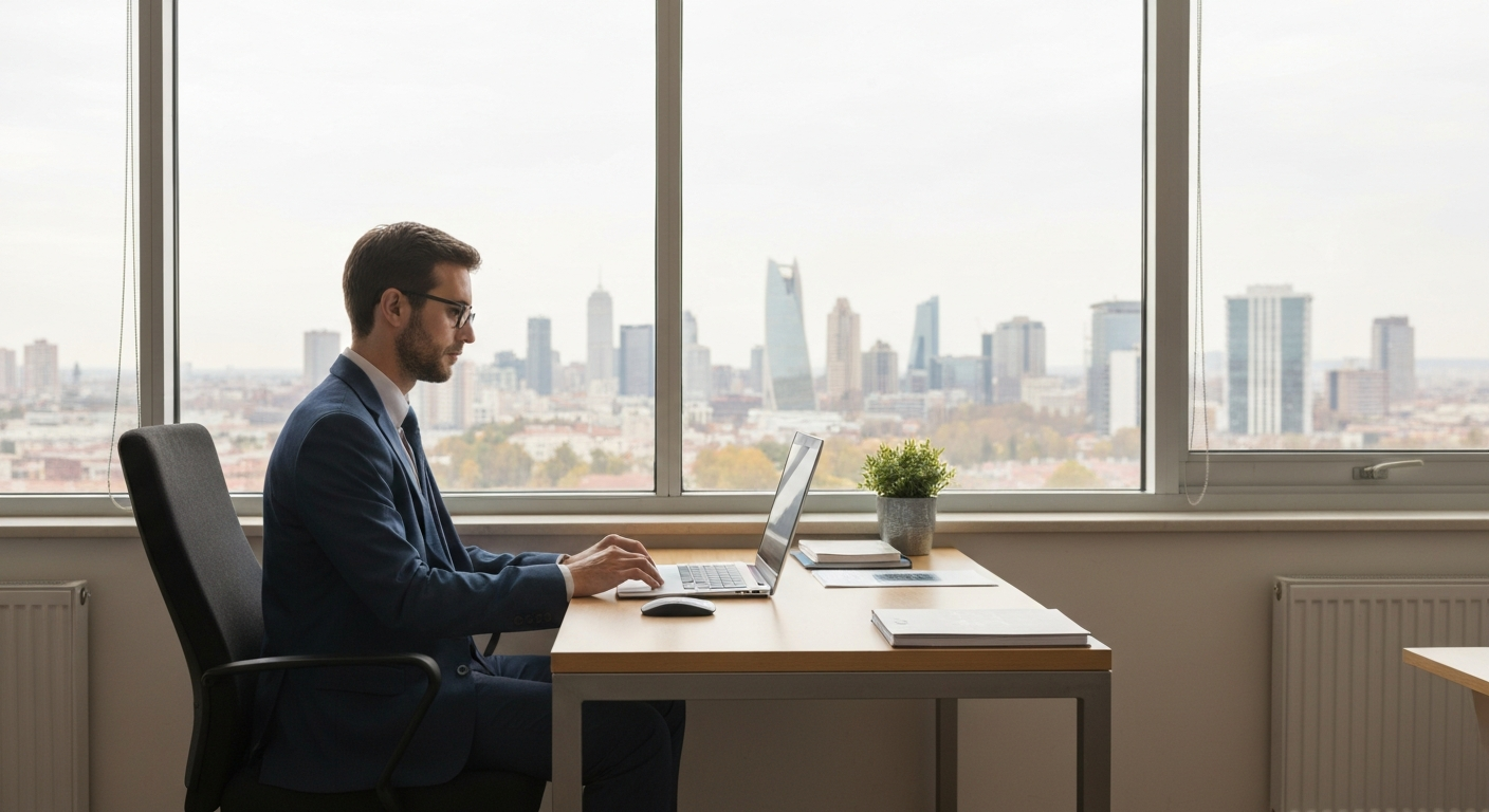 Professional consultant working from a modern home office in Georgia with city skyline view