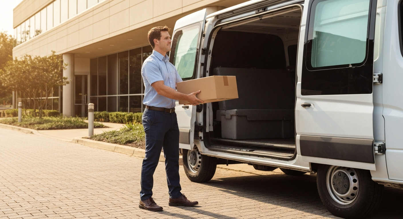 Courier delivery driver carrying a package from a cargo van at a Georgia office building