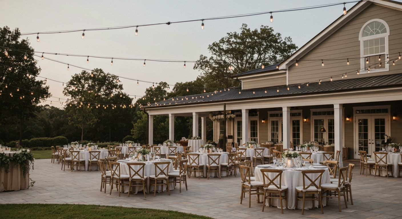 Elegant outdoor event setup at a Georgia venue with string lights and Southern charm
