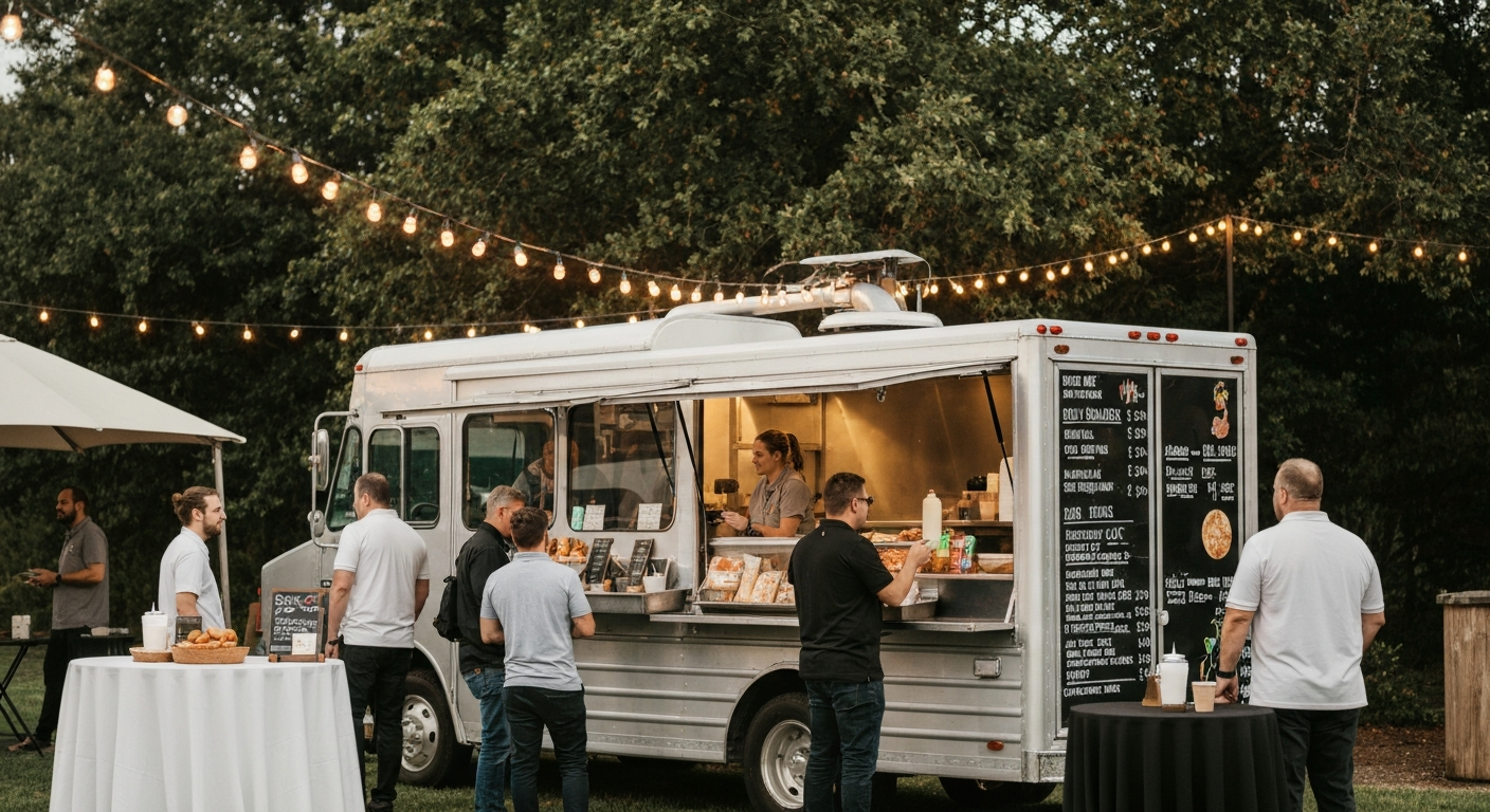 Food truck serving customers at an outdoor Georgia event with string lights