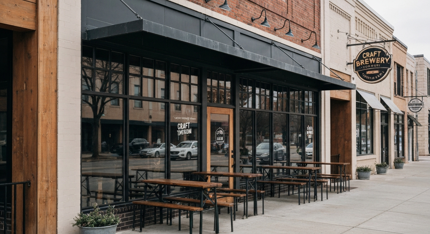Craft brewery taproom exterior in a Georgia downtown district