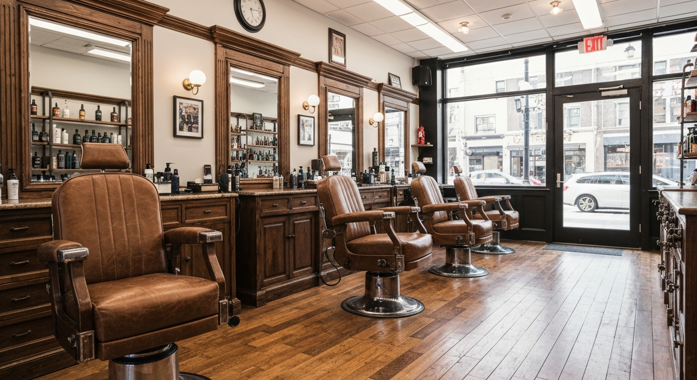 Classic barbershop interior with leather chairs and Southern character
