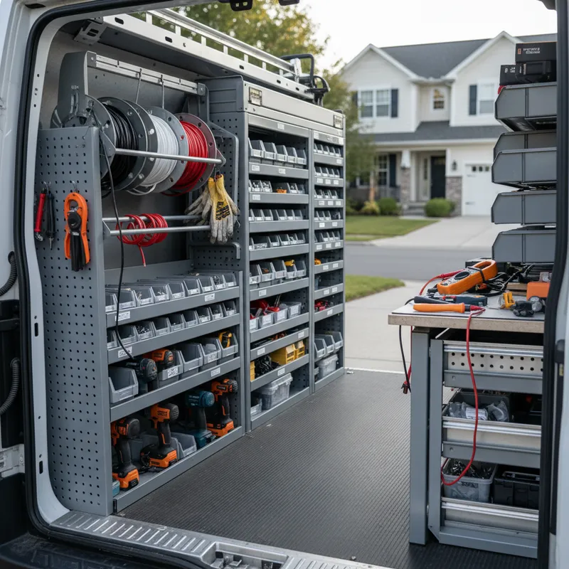 Electrician's service van at a Georgia residential home with exterior electrical panel