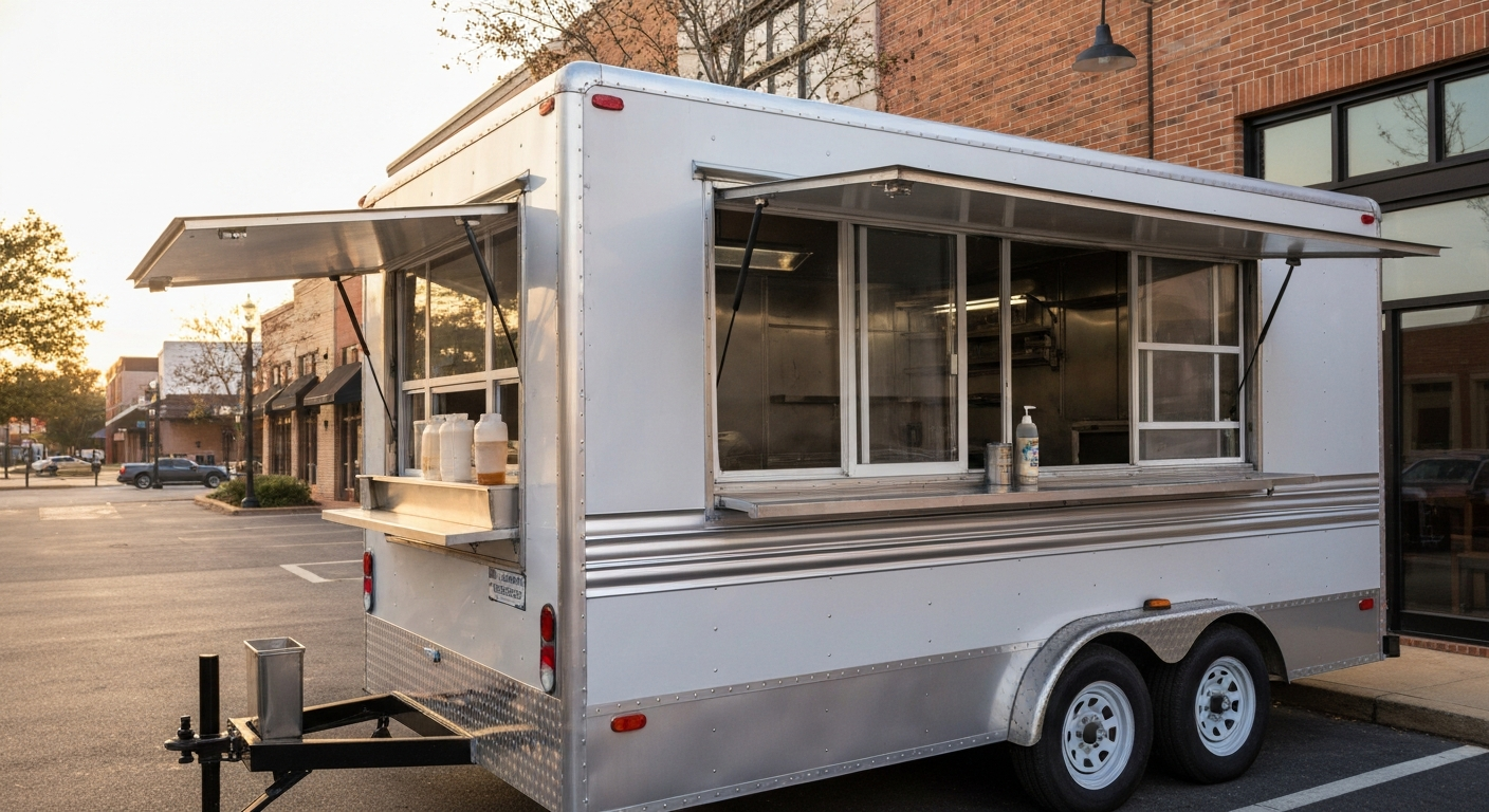 Food trailer with service window open in a Georgia downtown setting