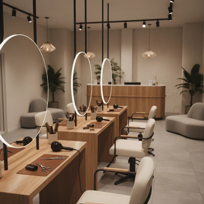 Modern hair salon interior with styling stations and warm Southern design