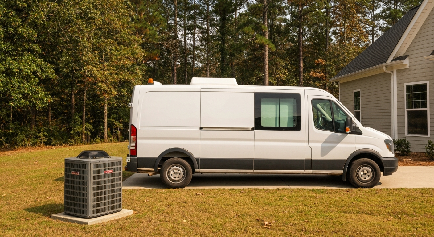 HVAC service van and condenser unit at a Georgia residential home