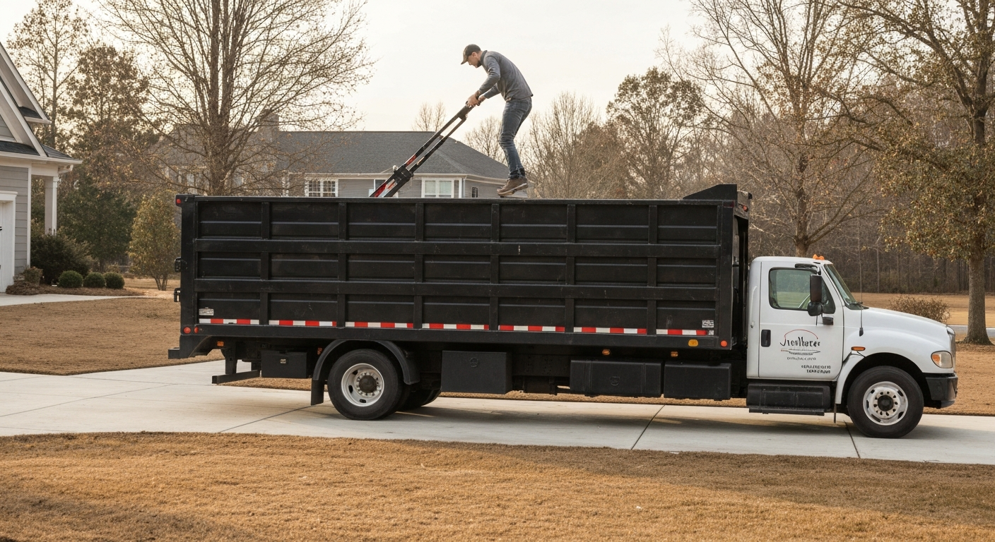 Junk removal truck being loaded in a Georgia residential driveway