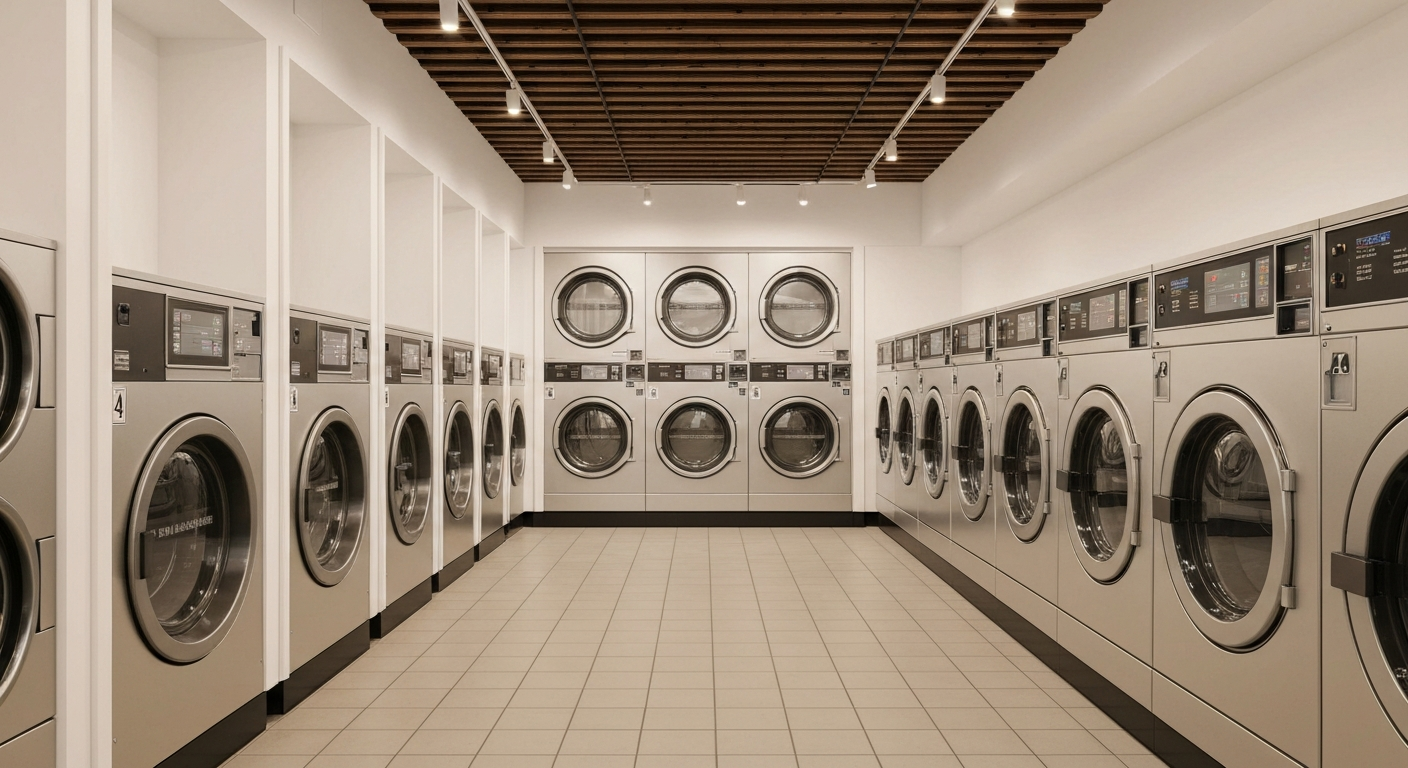 Modern Georgia laundromat with rows of commercial washers and dryers