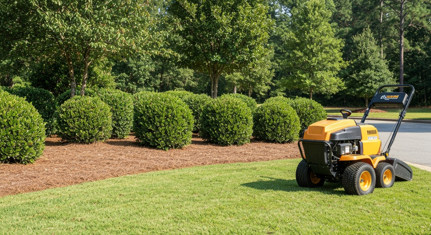 Professional lawn care equipment on a Georgia suburban lawn with Southern landscaping