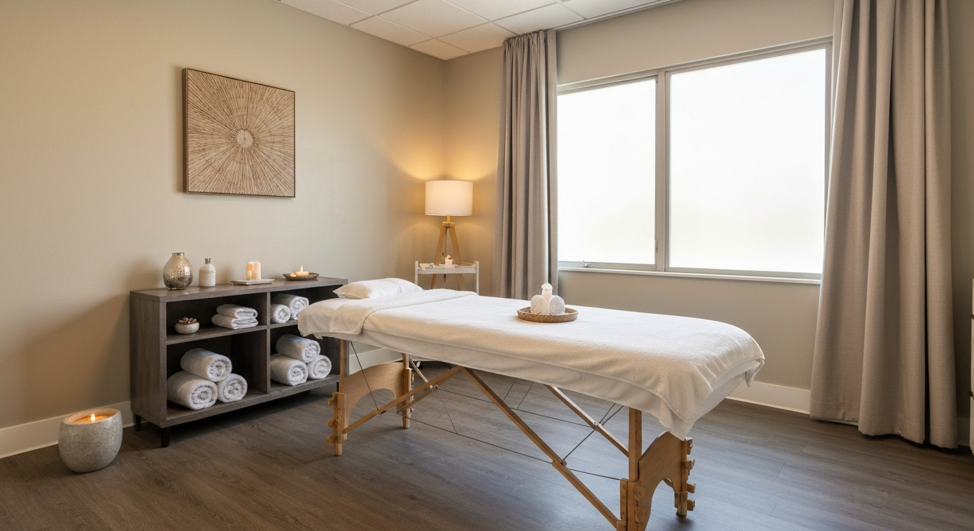Serene massage therapy room with professional table and calming Georgia spa decor