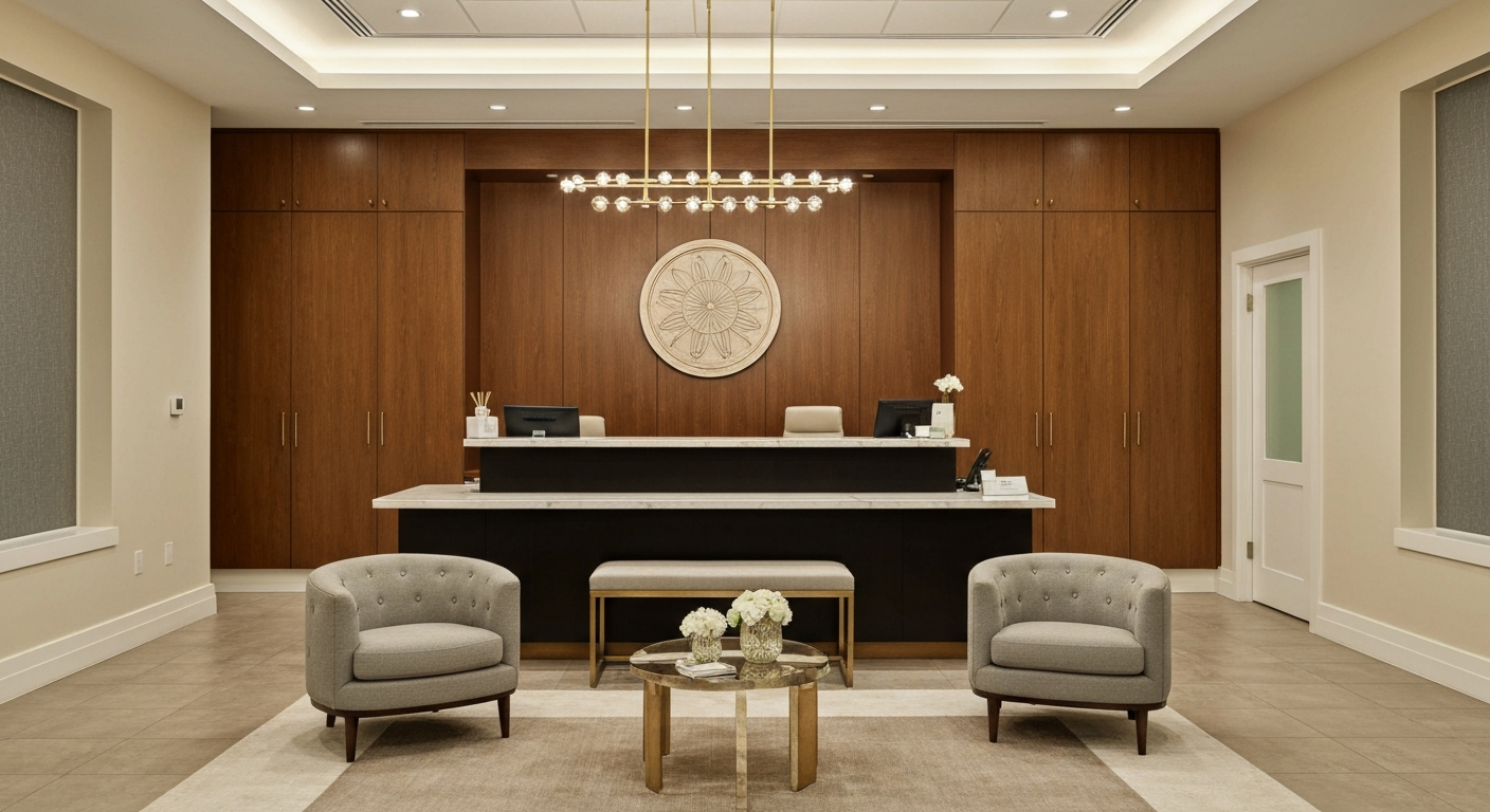 Upscale medical spa reception area with modern Southern luxury design