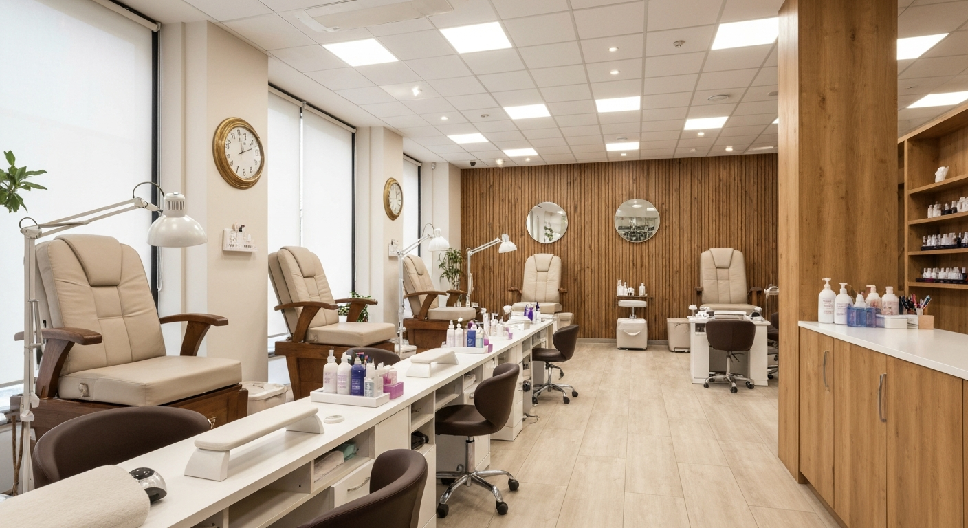 Modern nail salon interior with manicure stations and pedicure chairs in Georgia