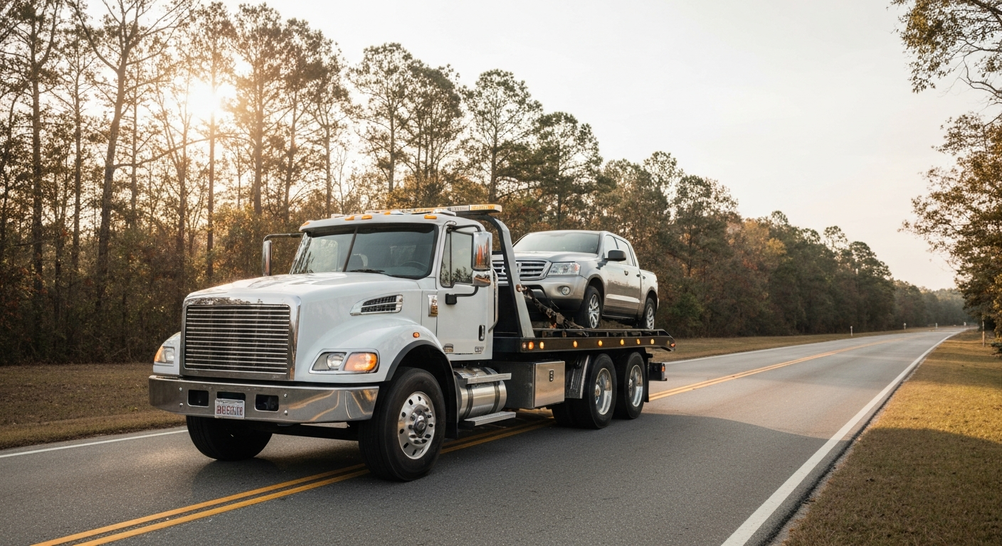 Professional flatbed tow truck on a Georgia road loading a vehicle