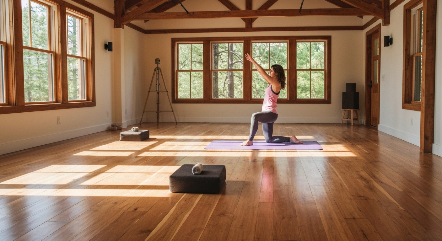 Peaceful yoga studio in Georgia with warm wood floors and natural light