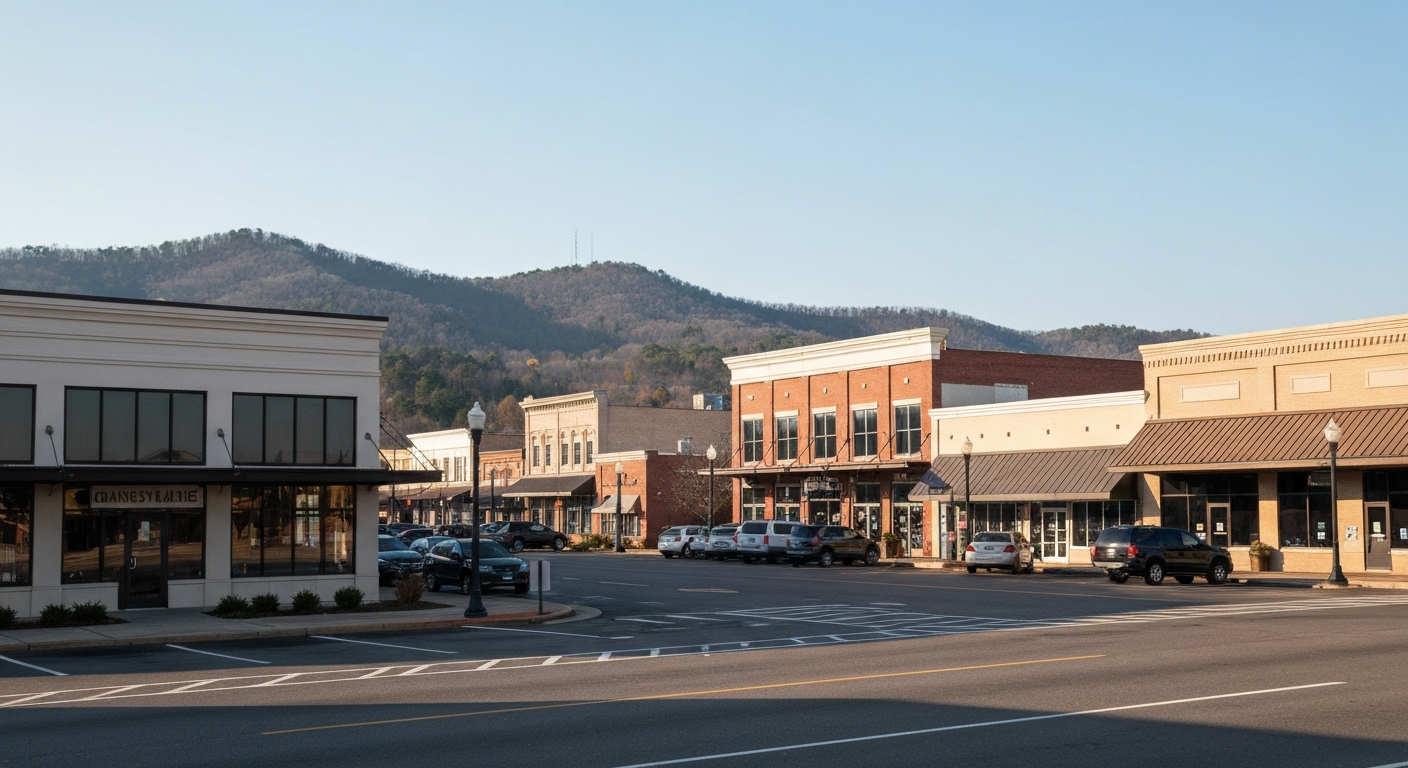Downtown Gainesville Georgia business district with north Georgia foothills in background showing the setting for starting a business in Gainesville