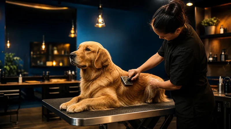 Groomer brushing a calm dog on a grooming table, Georgia Pet Dealer, Dog Breeder and Pet Store License