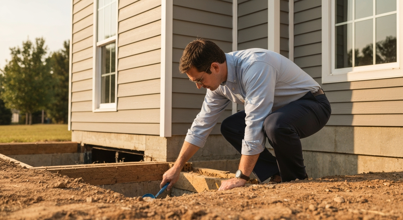 Professional home inspector examining the foundation of a Georgia residential home