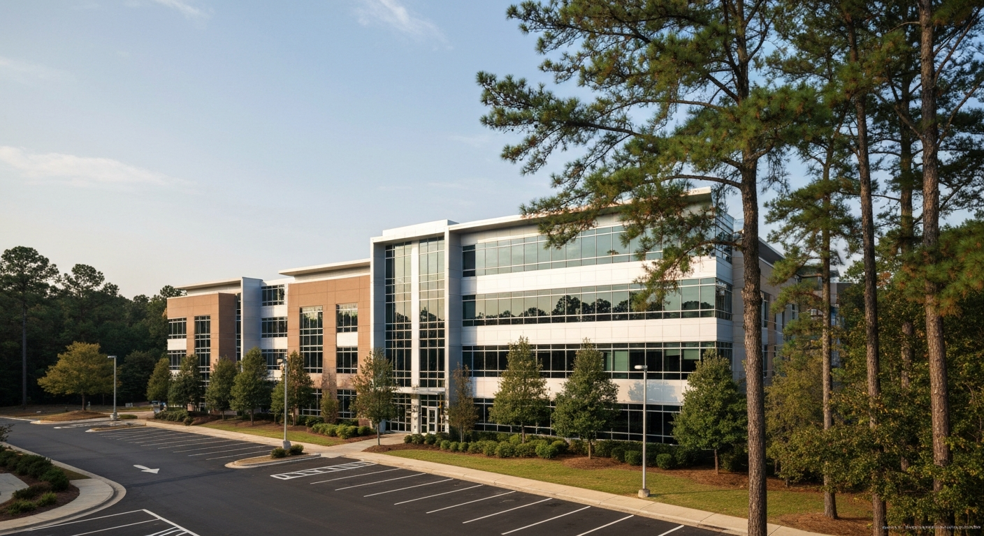 Modern office complex in Johns Creek Technology Park surrounded by trees, representing the business environment for starting a company in Johns Creek Georgia