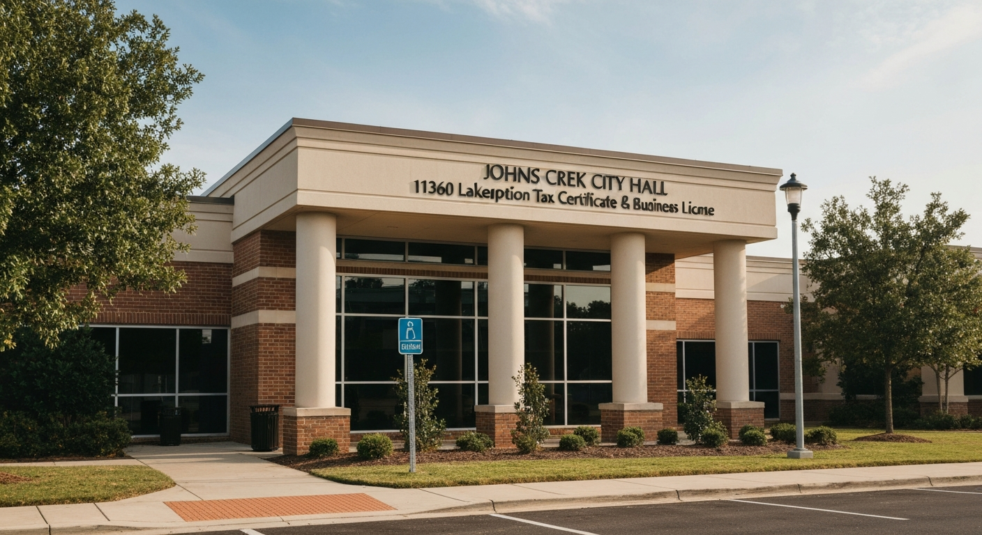 Johns Creek City Hall at 11360 Lakefield Drive where businesses apply for their occupation tax certificate and business license