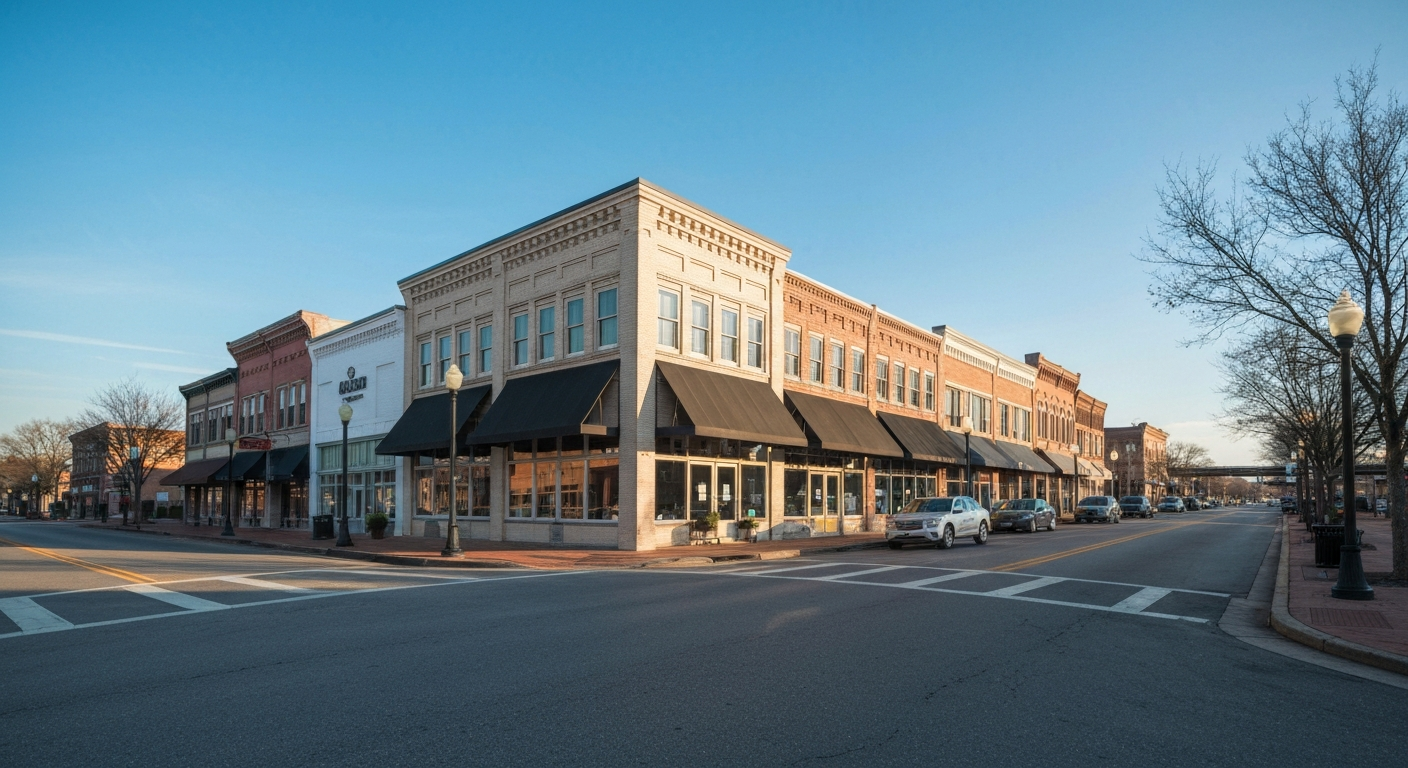 Historic downtown Kennesaw Georgia Main Street near the railroad depot where local businesses thrive alongside Kennesaw State University