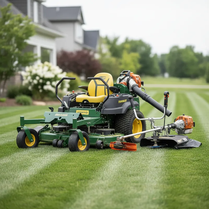 Professional landscaper mowing a lush green lawn in a Georgia suburban neighborhood