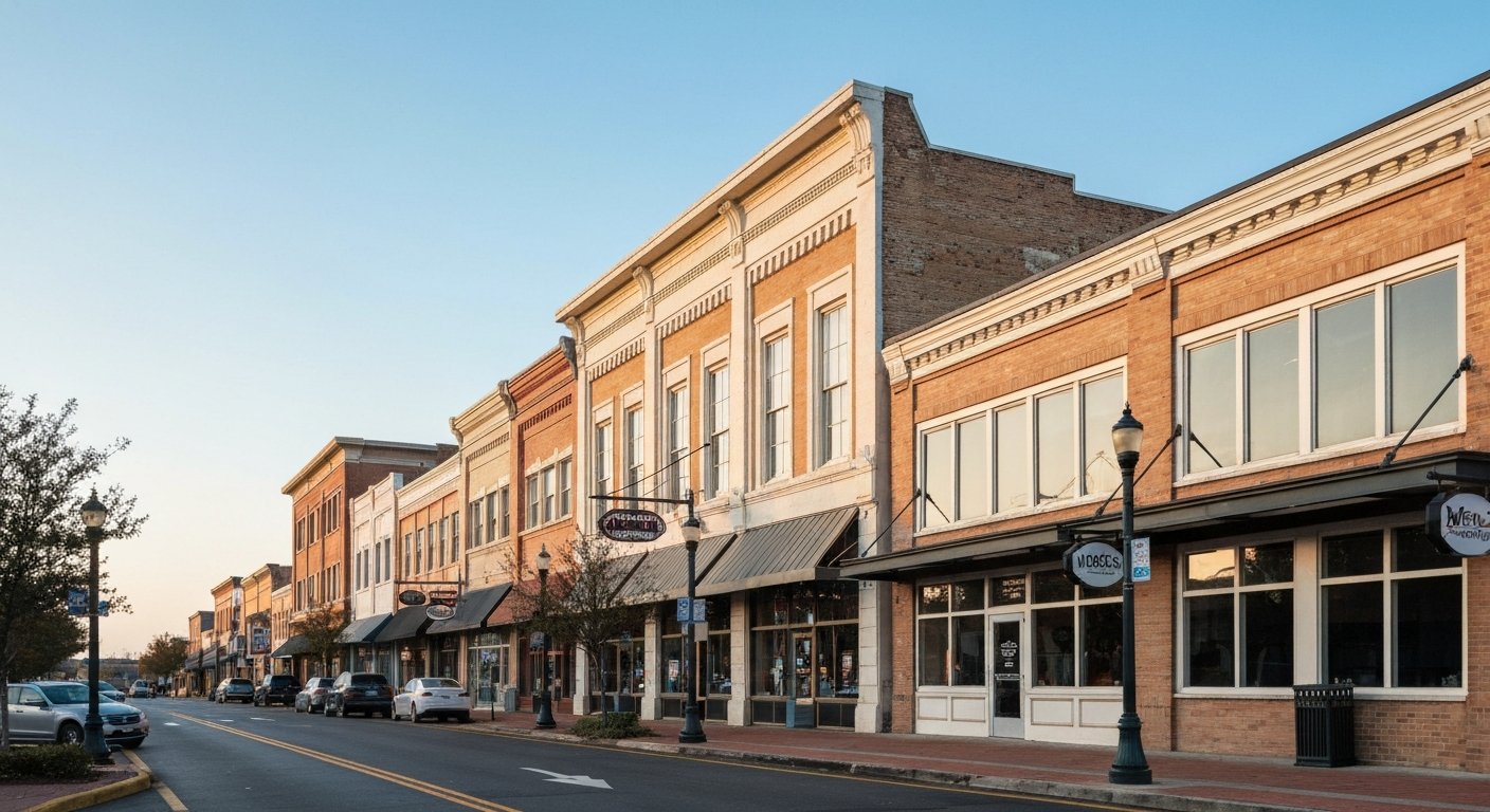 Downtown Macon Georgia showing the historic commercial district at the geographic center of Georgia where I-75 meets I-16