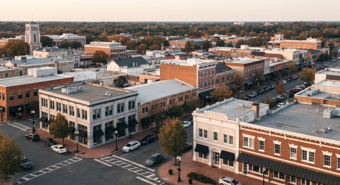 Marietta Georgia historic downtown square aerial view showing the Cobb County seat business district