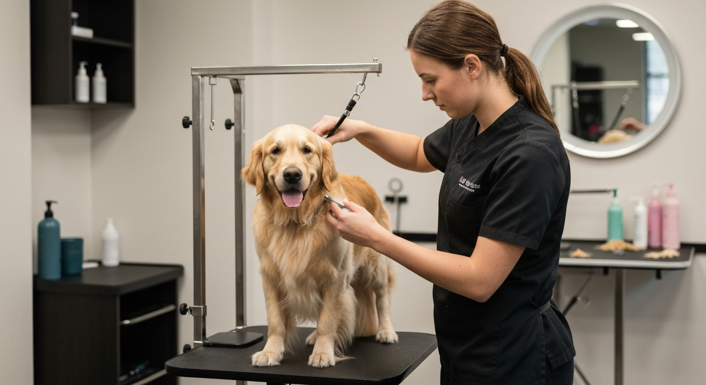 Professional pet groomer trimming a golden retriever in a clean Georgia grooming salon