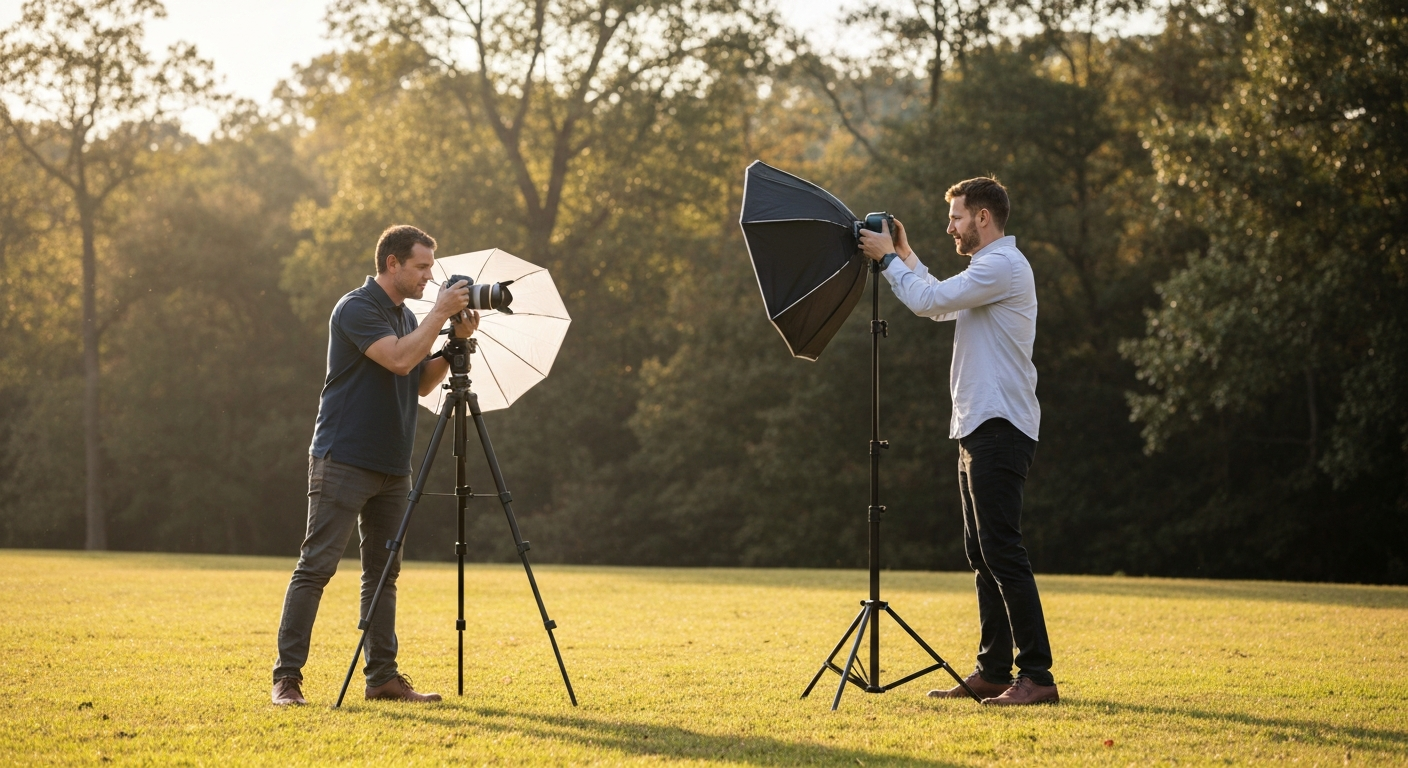 Professional photographer conducting an outdoor portrait session in a scenic Georgia park