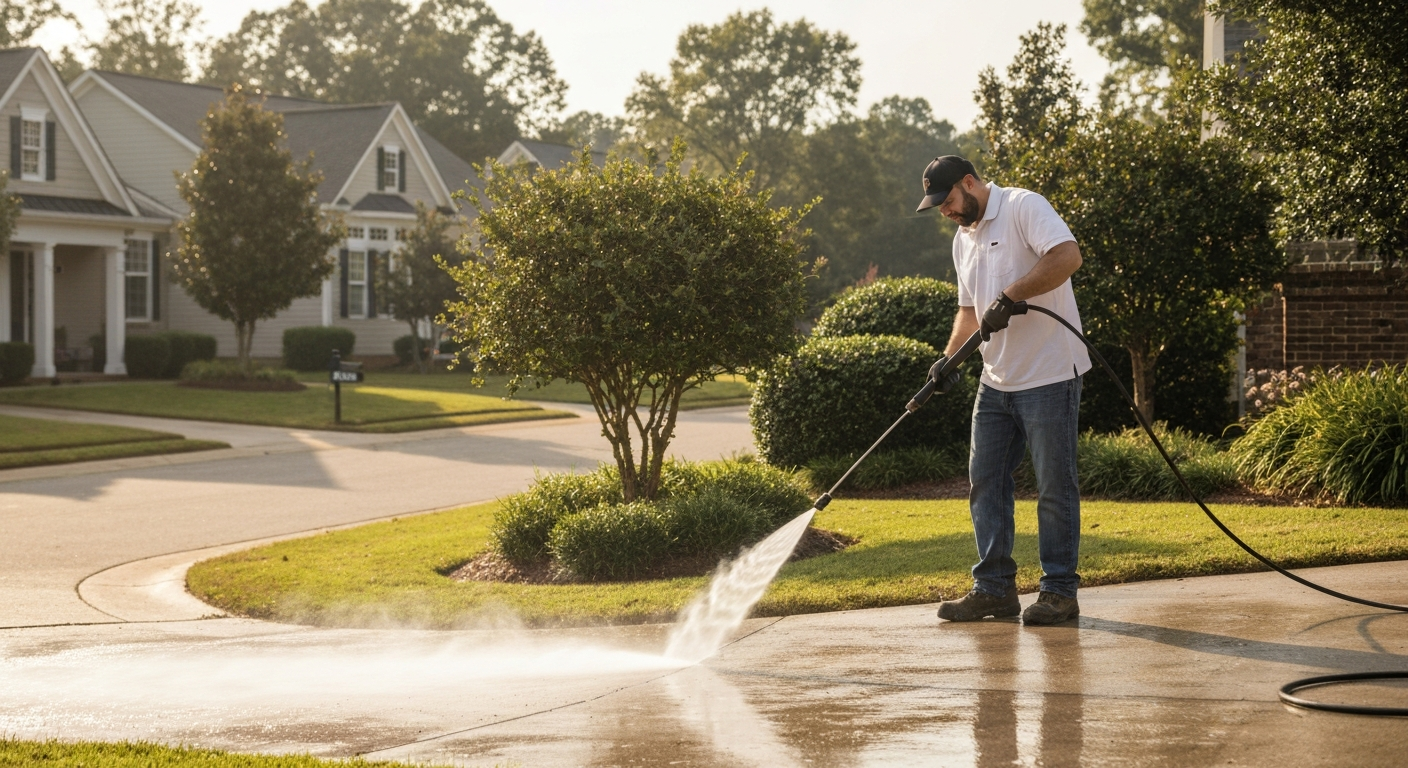 Professional pressure washing a residential driveway in a Georgia neighborhood