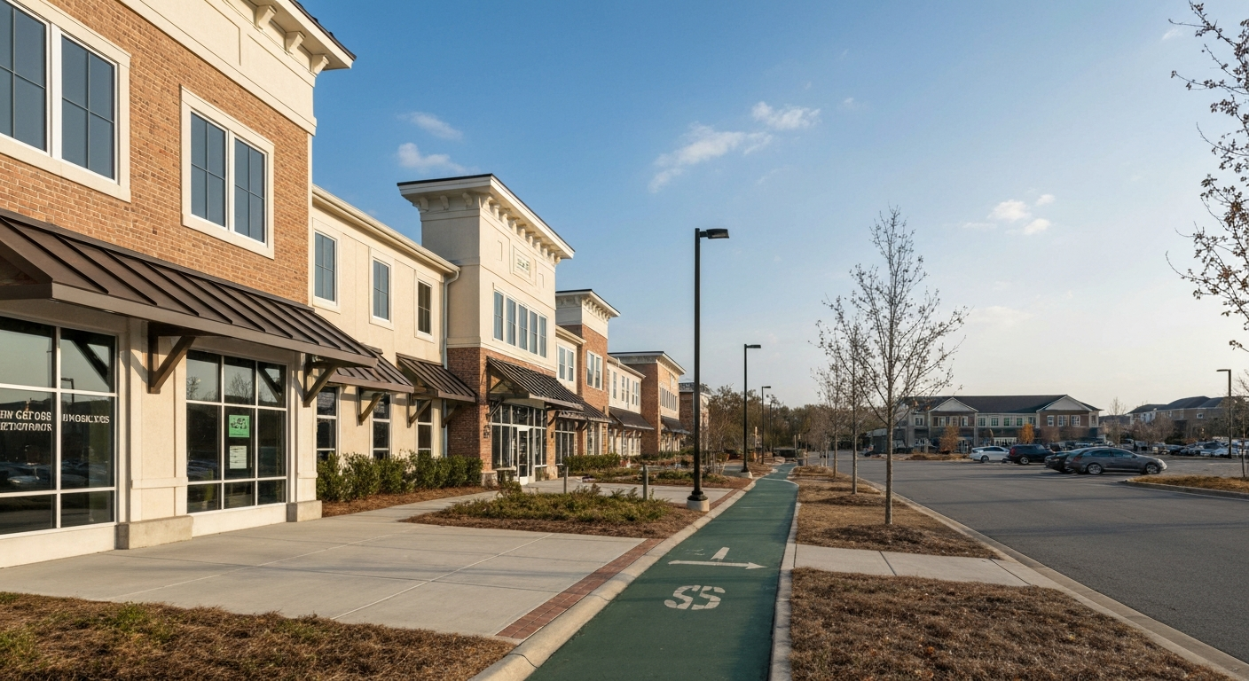 Peachtree City Georgia commercial area with golf cart path that connects businesses to the 100-mile multi-use path network