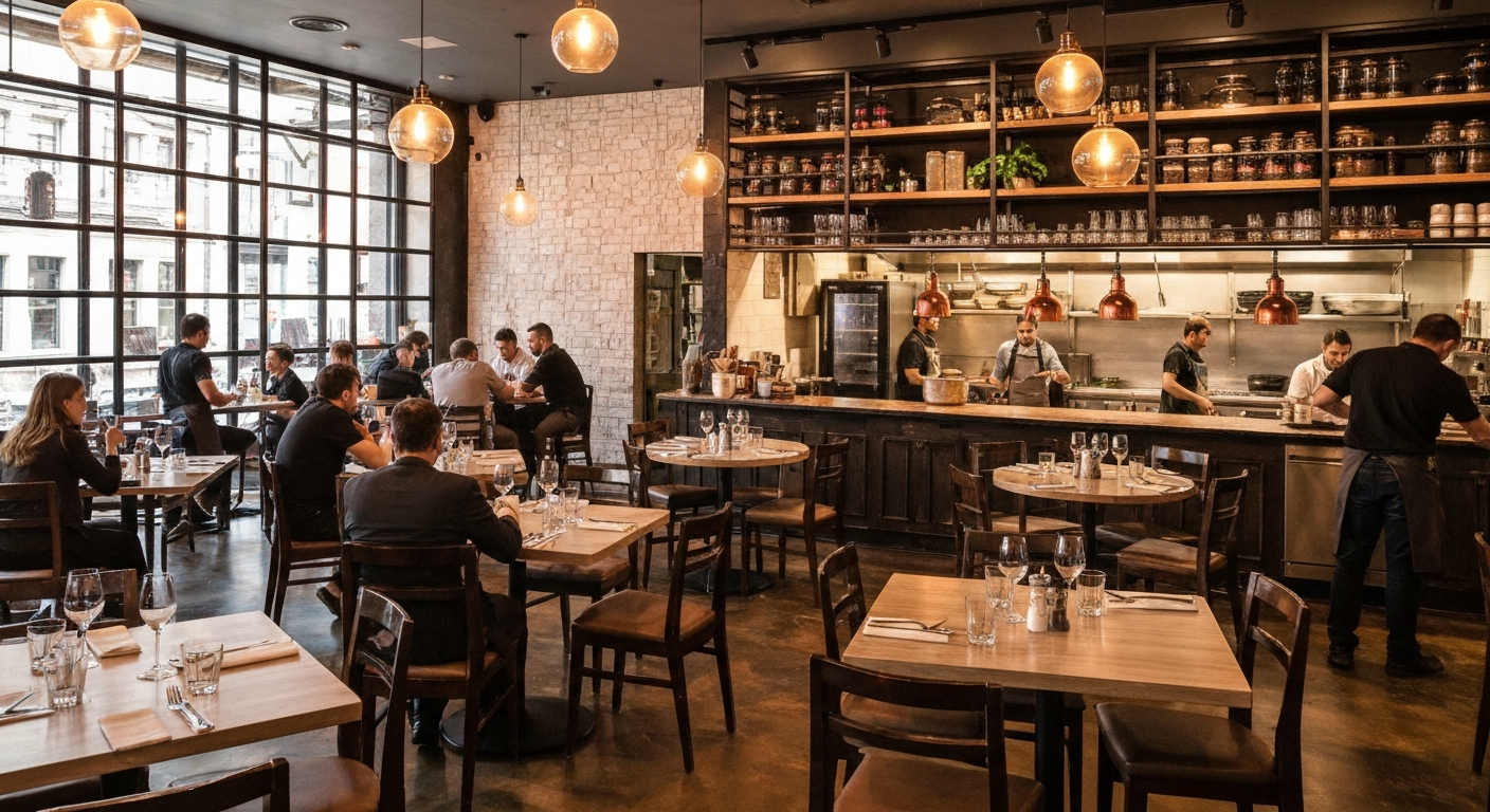 Busy modern Georgia restaurant interior with warm lighting and open kitchen