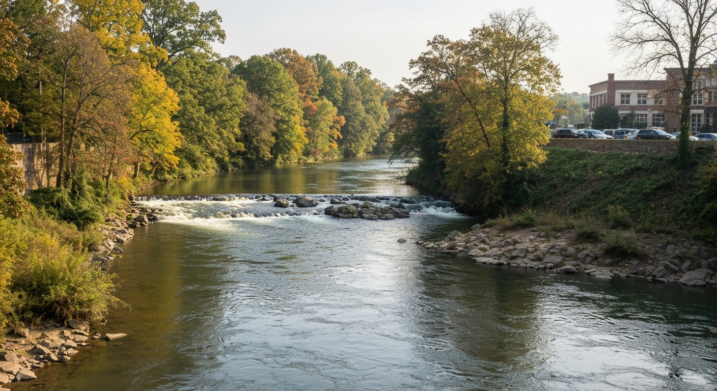 Confluence of the Etowah and Oostanaula rivers forming the Coosa River in Rome Georgia where three rivers create unique business opportunities