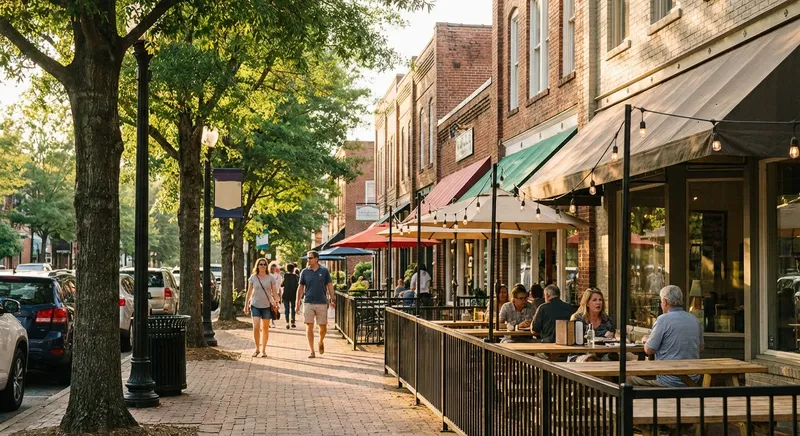 Roswell Georgia Canton Street historic dining and retail district at dusk showing independent small businesses