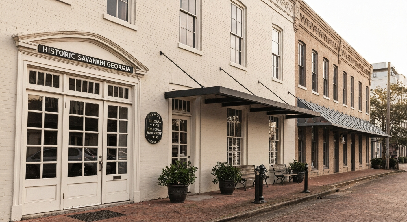 Historic Savannah Georgia commercial building where businesses must obtain Business Location Approval before applying for a Business Tax Certificate
