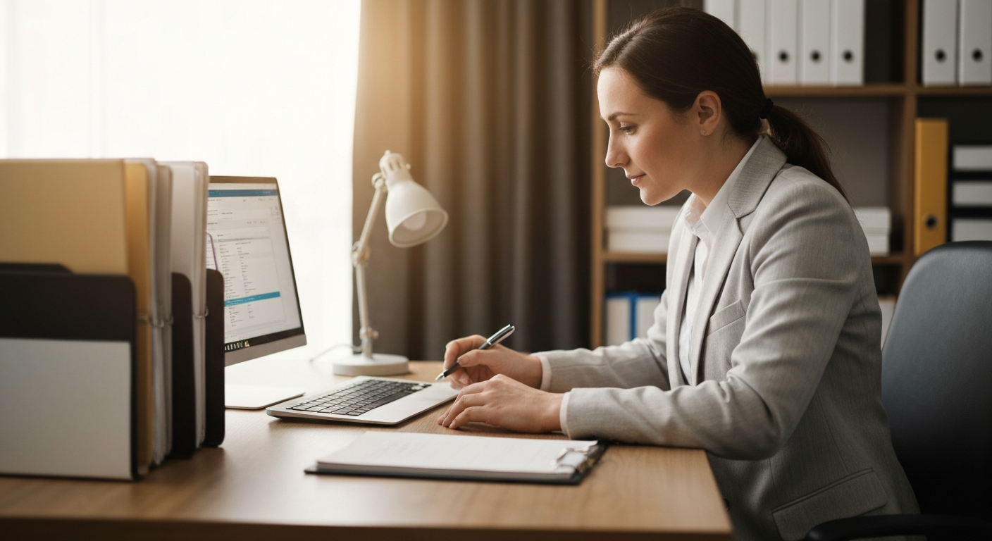 Professional tax preparer working at a desk with tax software and organized client files