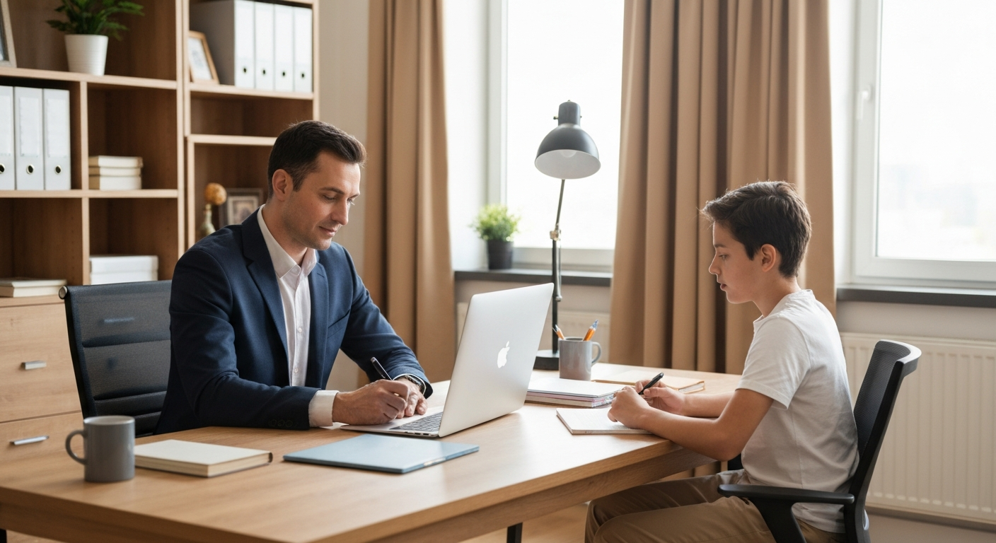 Professional tutor working with a student at a bright home office desk in Georgia