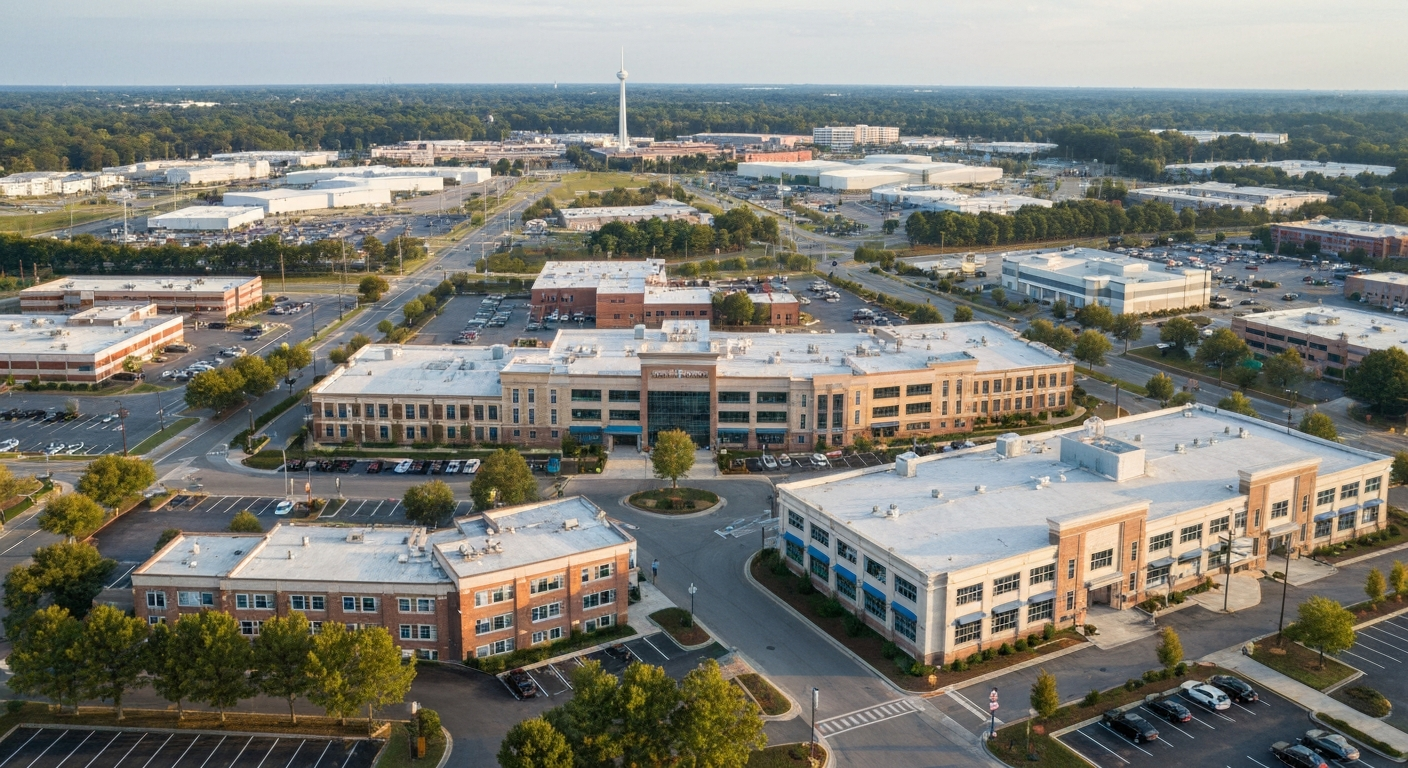 Aerial view of Warner Robins Georgia commercial corridor with Robins Air Force Base visible in the background